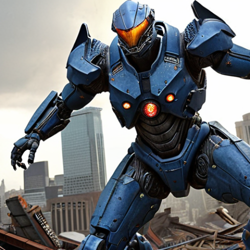 Home 4 **A highly detailed, realistic model of Gipsy Danger from *Pacific Rim*, posed dynamically as if mid-battle. The model should have weathering effects and be set against a backdrop of a destroyed cityscape with Kaiju remains.**