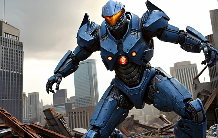 **A highly detailed, realistic model of Gipsy Danger from *Pacific Rim*, posed dynamically as if mid-battle. The model should have weathering effects and be set against a backdrop of a destroyed cityscape with Kaiju remains.**